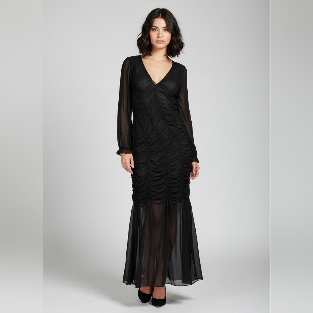 Zara V Neck Elegant Black Evening Sheer Gownโ